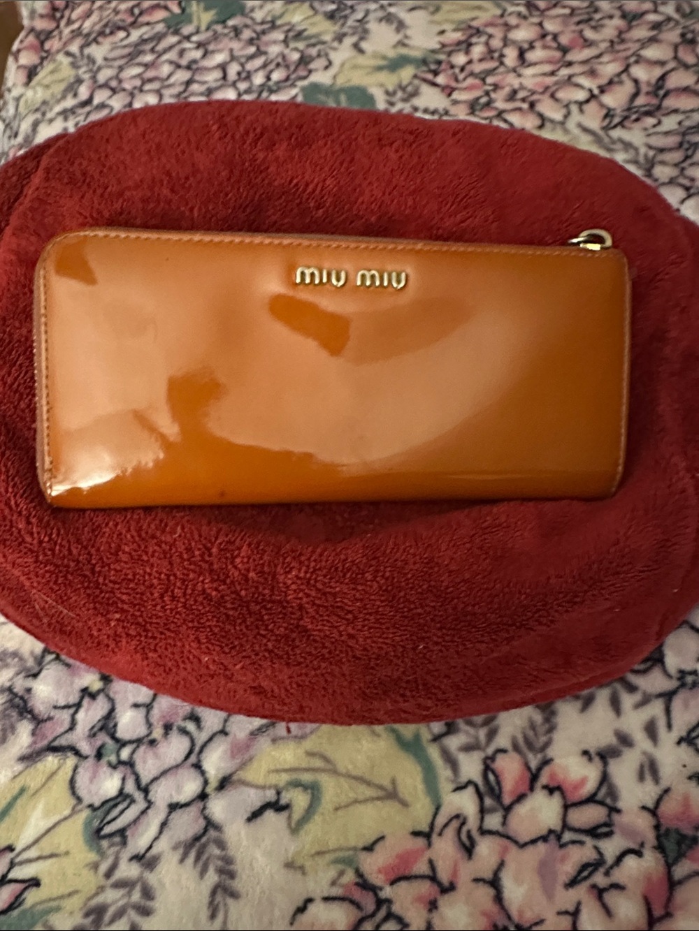 Miu Miu Glossy Patent Zip Wallet in Cognac Brown EUC